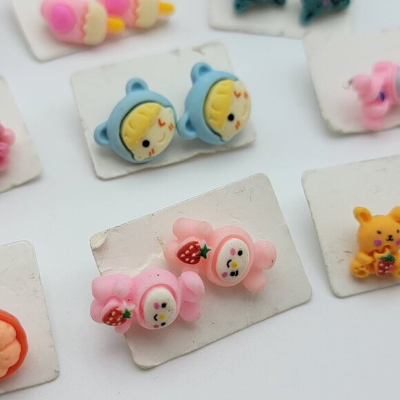 Kids Earrings Stud Multicolor Plastic Lot Of 20 Pairs Bunny Bear Orange Flower - Picture 4 of 12